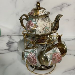 20 Piece Ceramic Tea Set with Metal Holder,flower tea set Red Rose